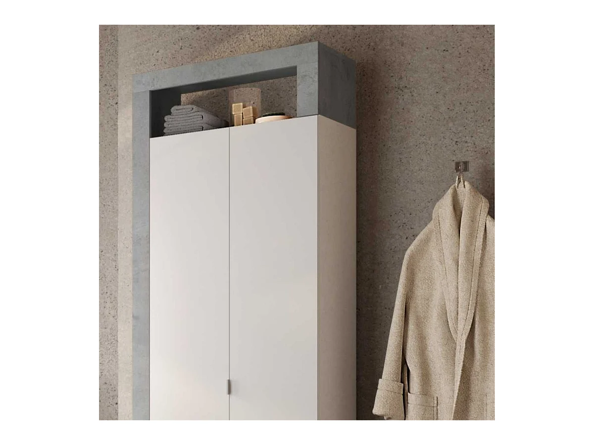 ARTURO - Armoire 2 portes 5 étagères blanc laqué et aspect béton