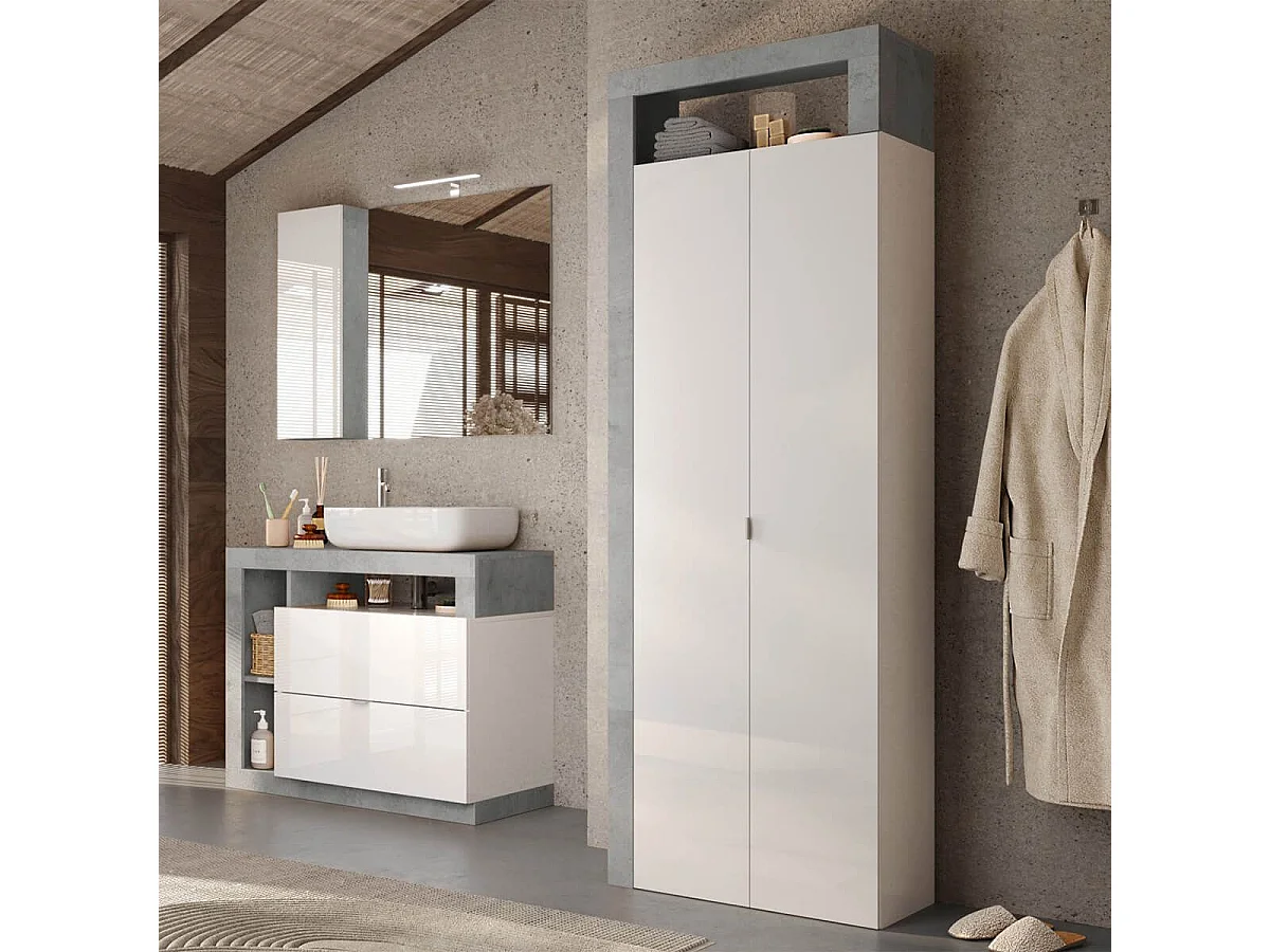 ARTURO - Armoire 2 portes 5 étagères blanc laqué et aspect béton