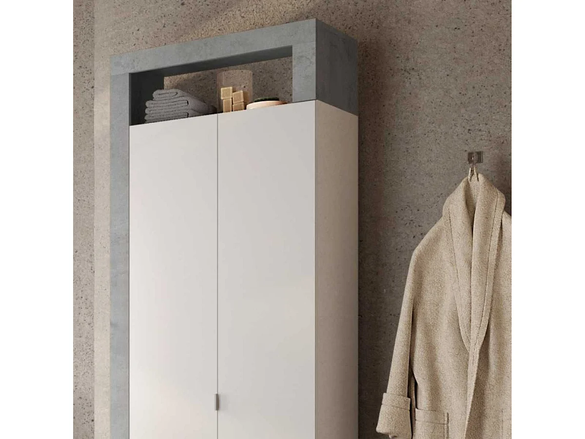 ARTURO - Armoire 2 portes 5 étagères blanc laqué et aspect béton