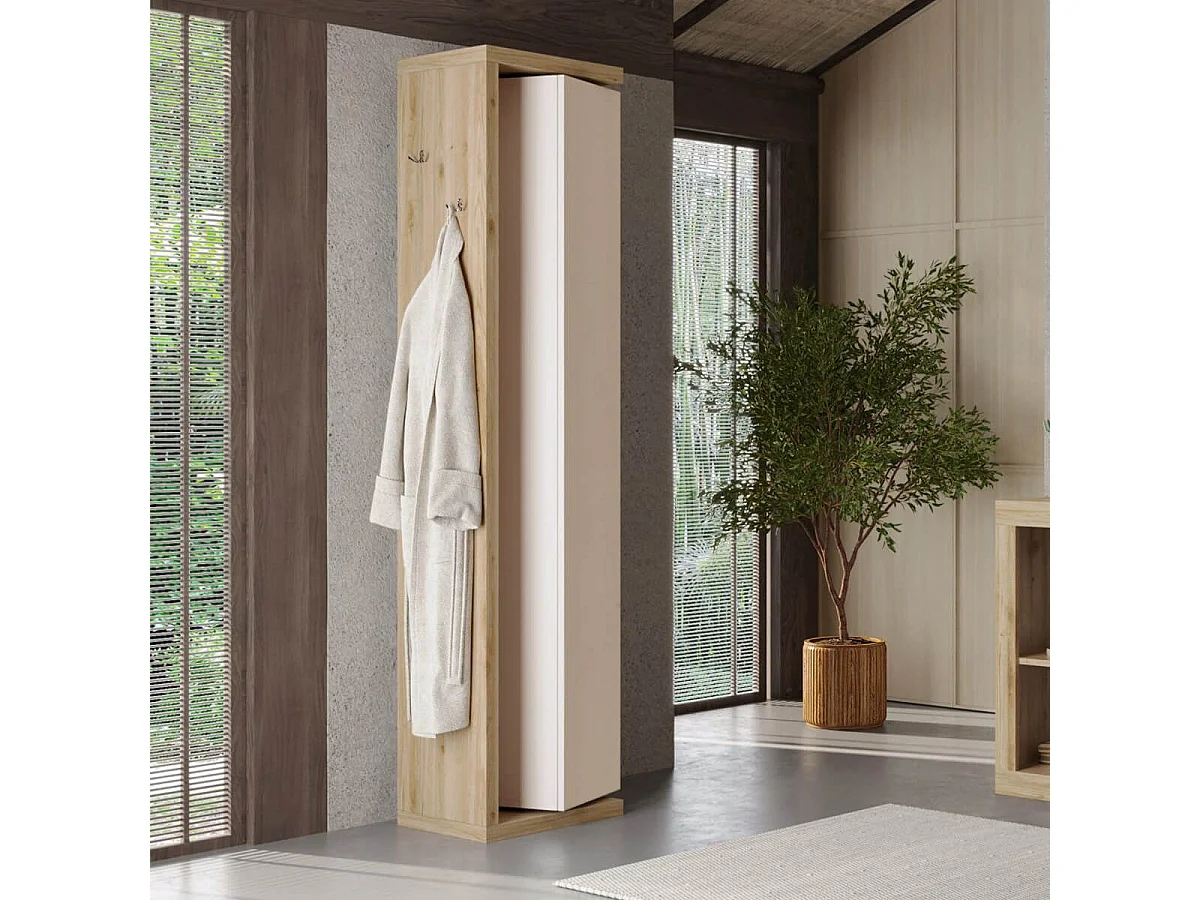 ARTURO - Colonne pivotante 1 porte 1 miroir beige laqué et aspect bois finition Cadiz