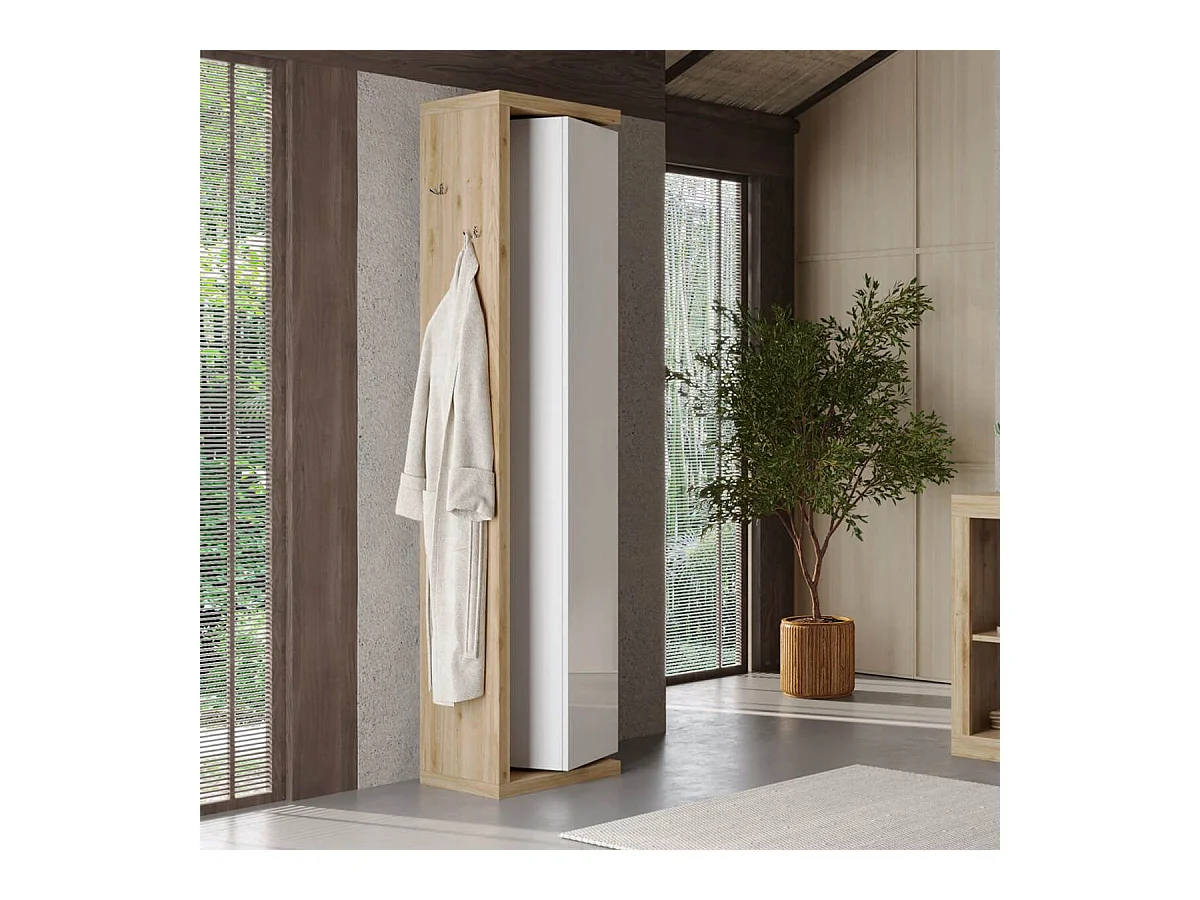 ARTURO - Colonne pivotante 1 porte 1 miroir blanc laqué et aspect bois finition Cadiz