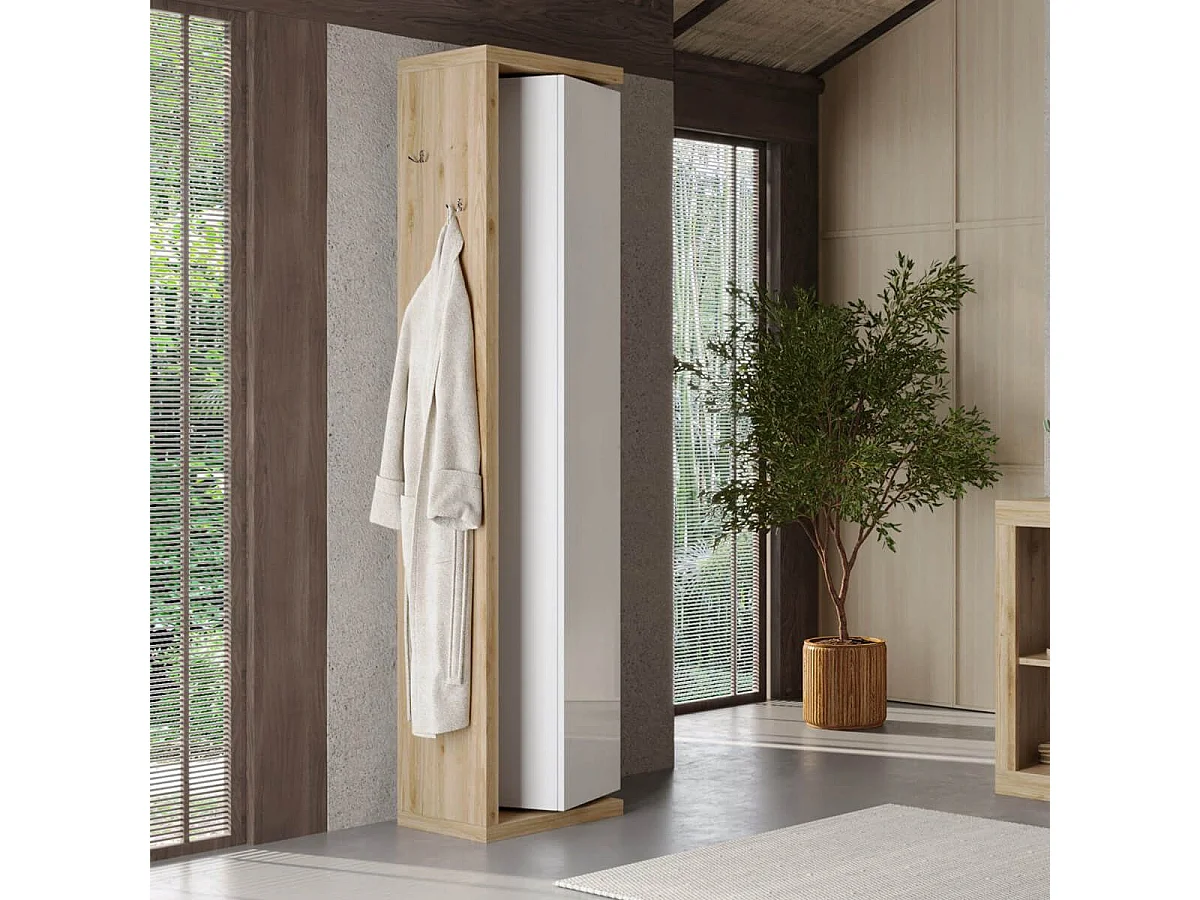 ARTURO - Colonne pivotante 1 porte 1 miroir blanc laqué et aspect bois finition Cadiz