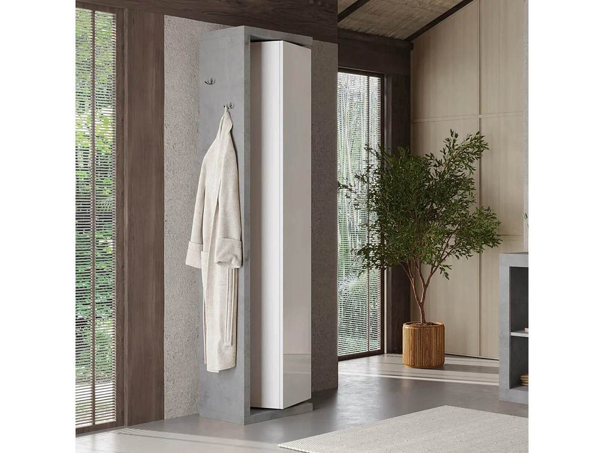 ARTURO - Colonne pivotante 1 porte 1 miroir blanc laqué et aspect béton