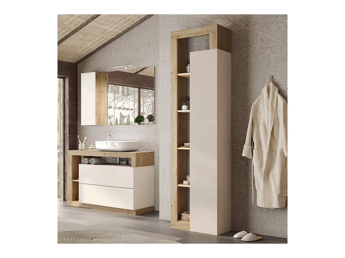 ARTURO - Colonne 1 porte beige laqué et aspect bois finition Cadiz