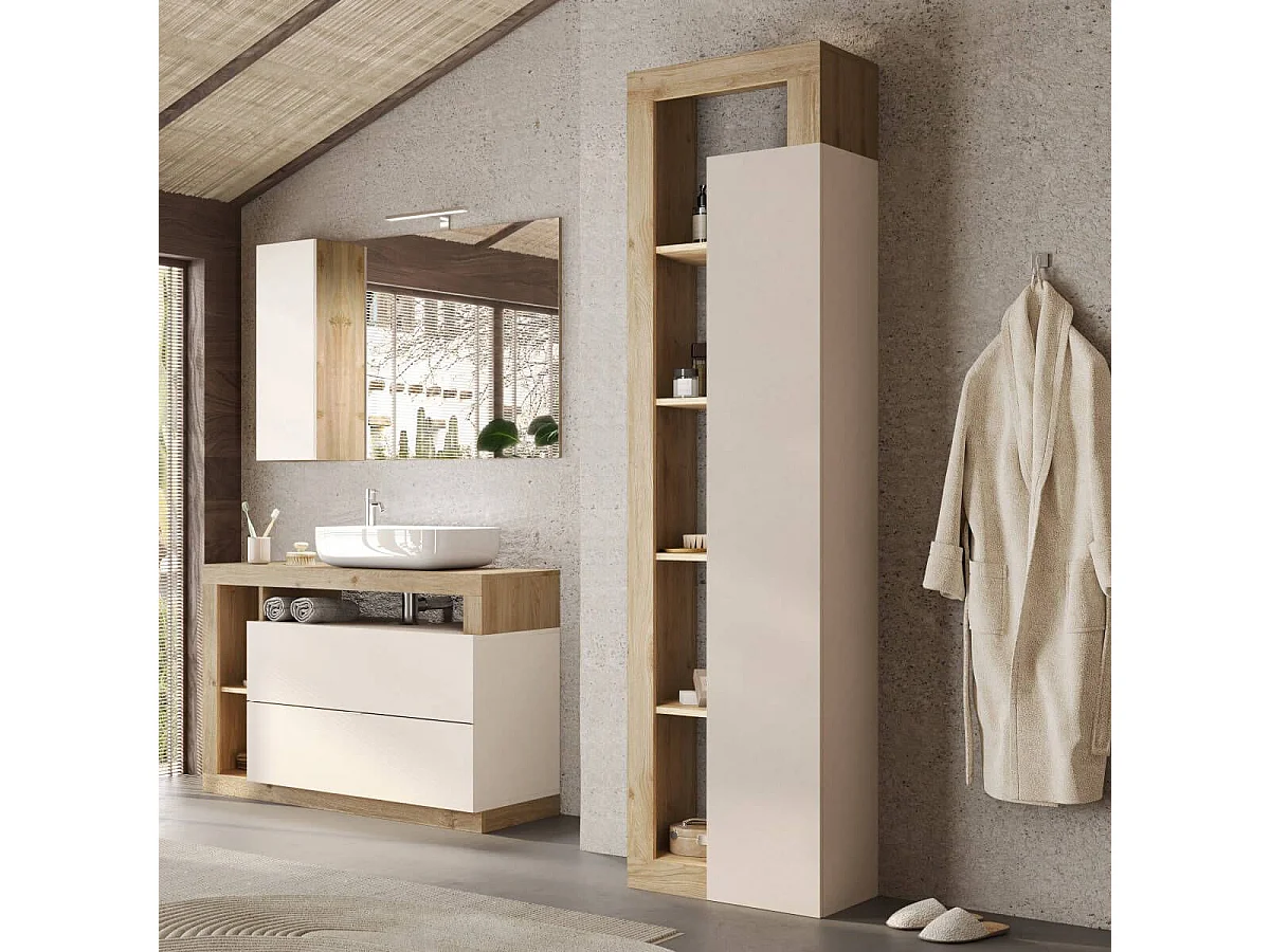 ARTURO - Colonne 1 porte beige laqué et aspect bois finition Cadiz