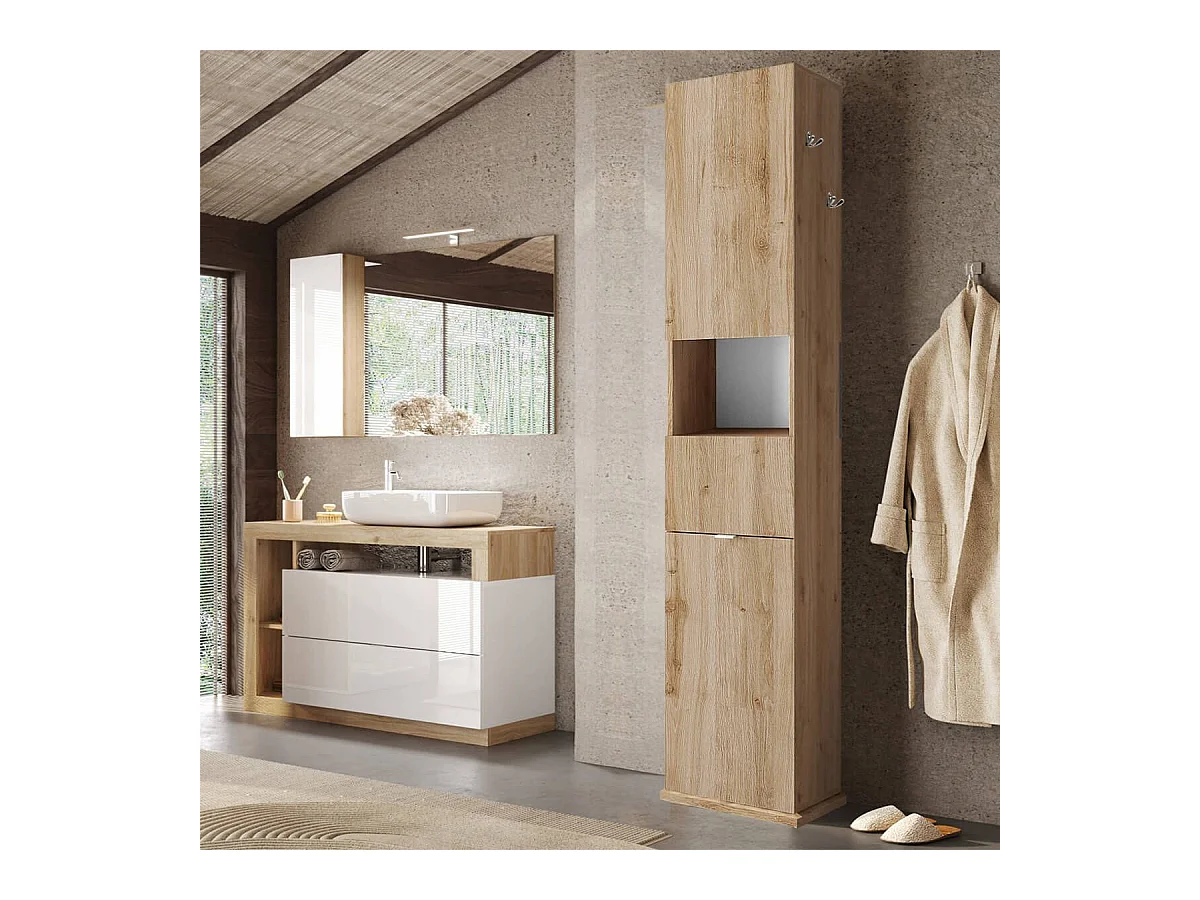 ARTURO - Colonne pivotante 2 portes 1 miroir blanc laqué et aspect bois finition Cadiz