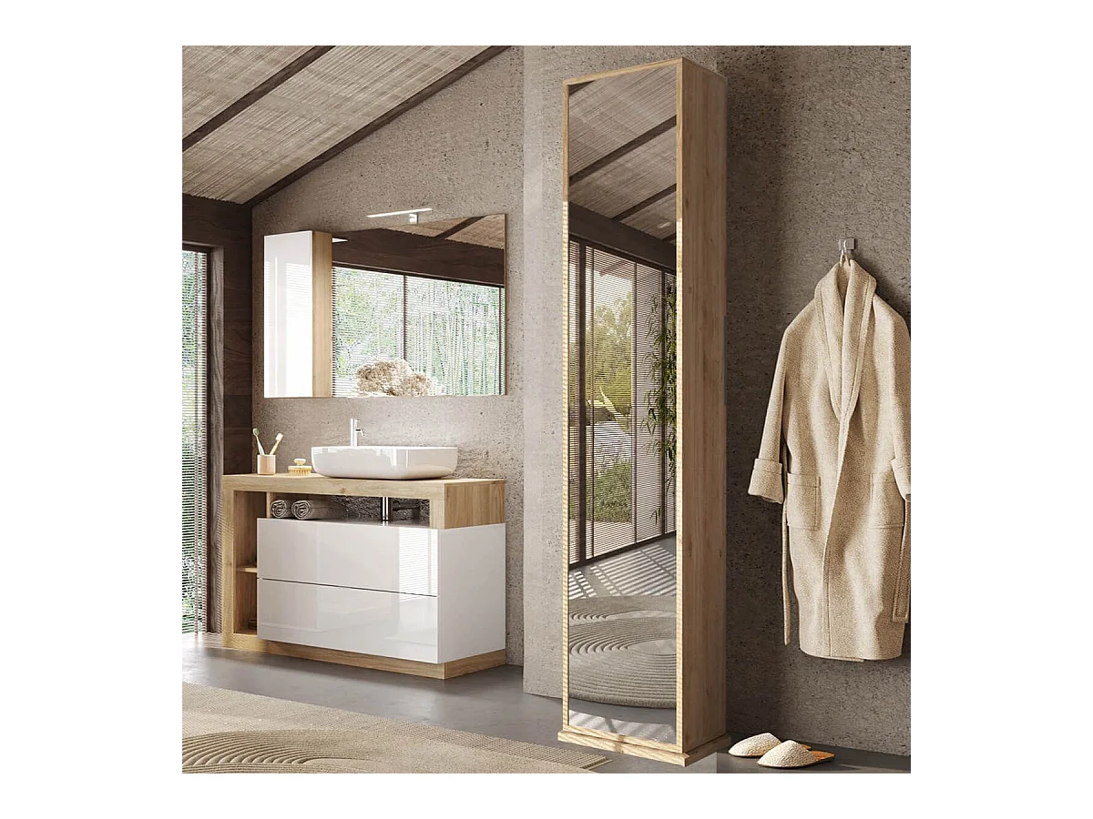 ARTURO - Colonne pivotante 2 portes 1 miroir blanc laqué et aspect bois finition Cadiz