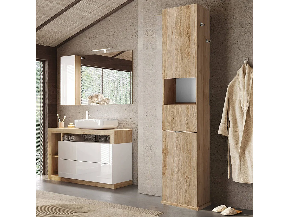 ARTURO - Colonne pivotante 2 portes 1 miroir blanc laqué et aspect bois finition Cadiz