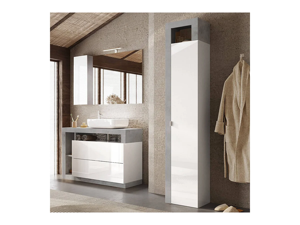 ARTURO - Armoire 1 porte 5 étagères blanc laqué et aspect béton