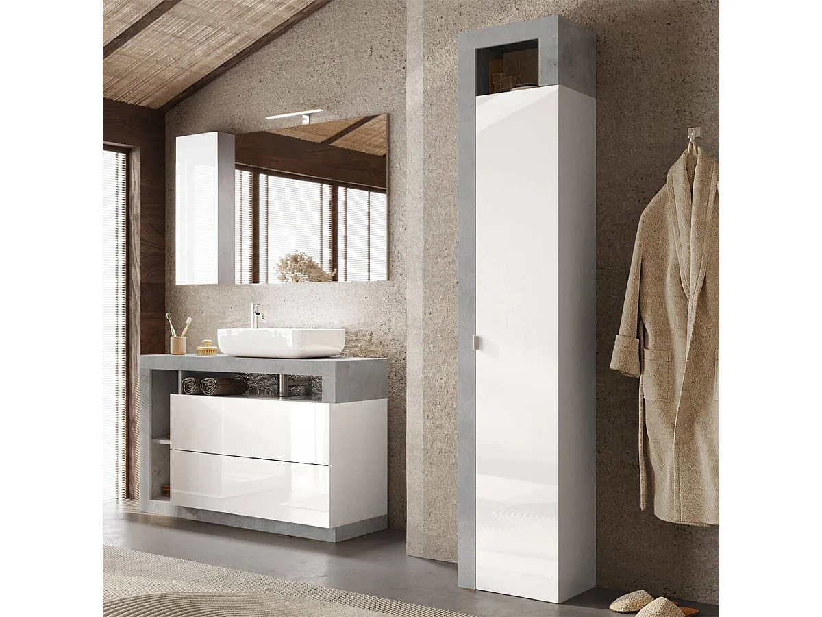 ARTURO - Armoire 1 porte 5 étagères blanc laqué et aspect béton