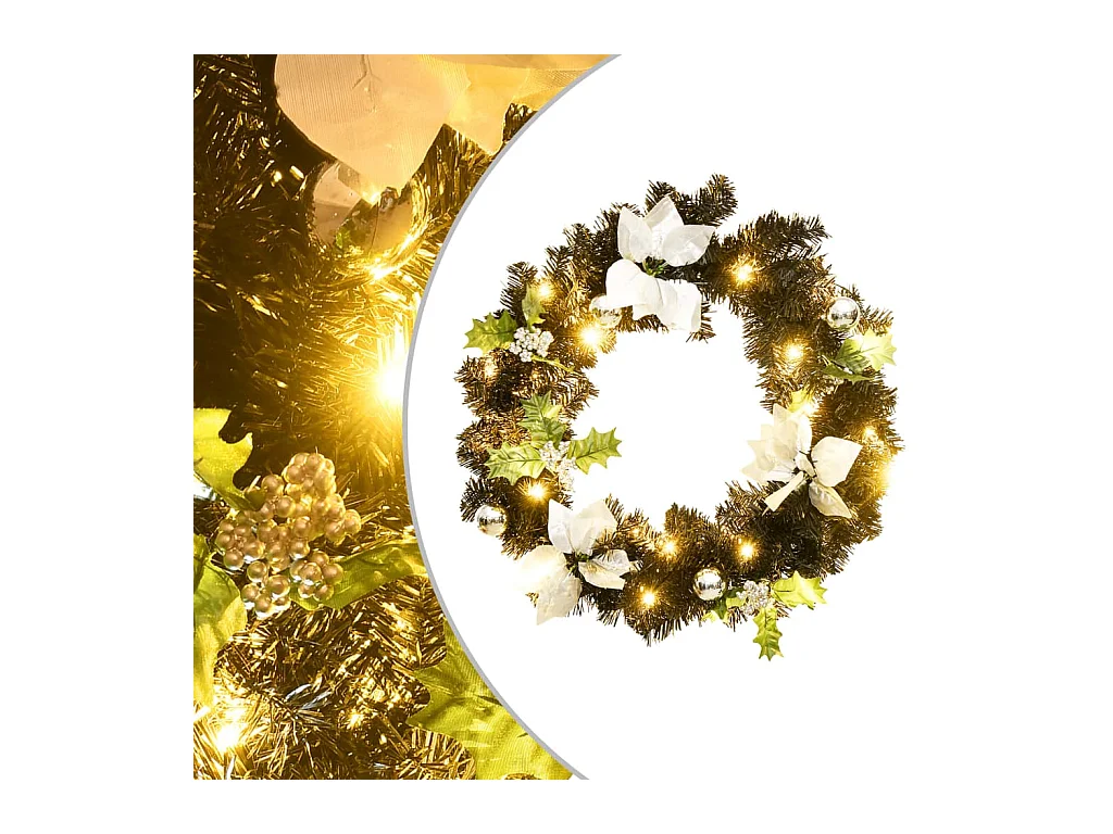 Couronne de Noël avec lumières LED Noir 60 cm PVC
