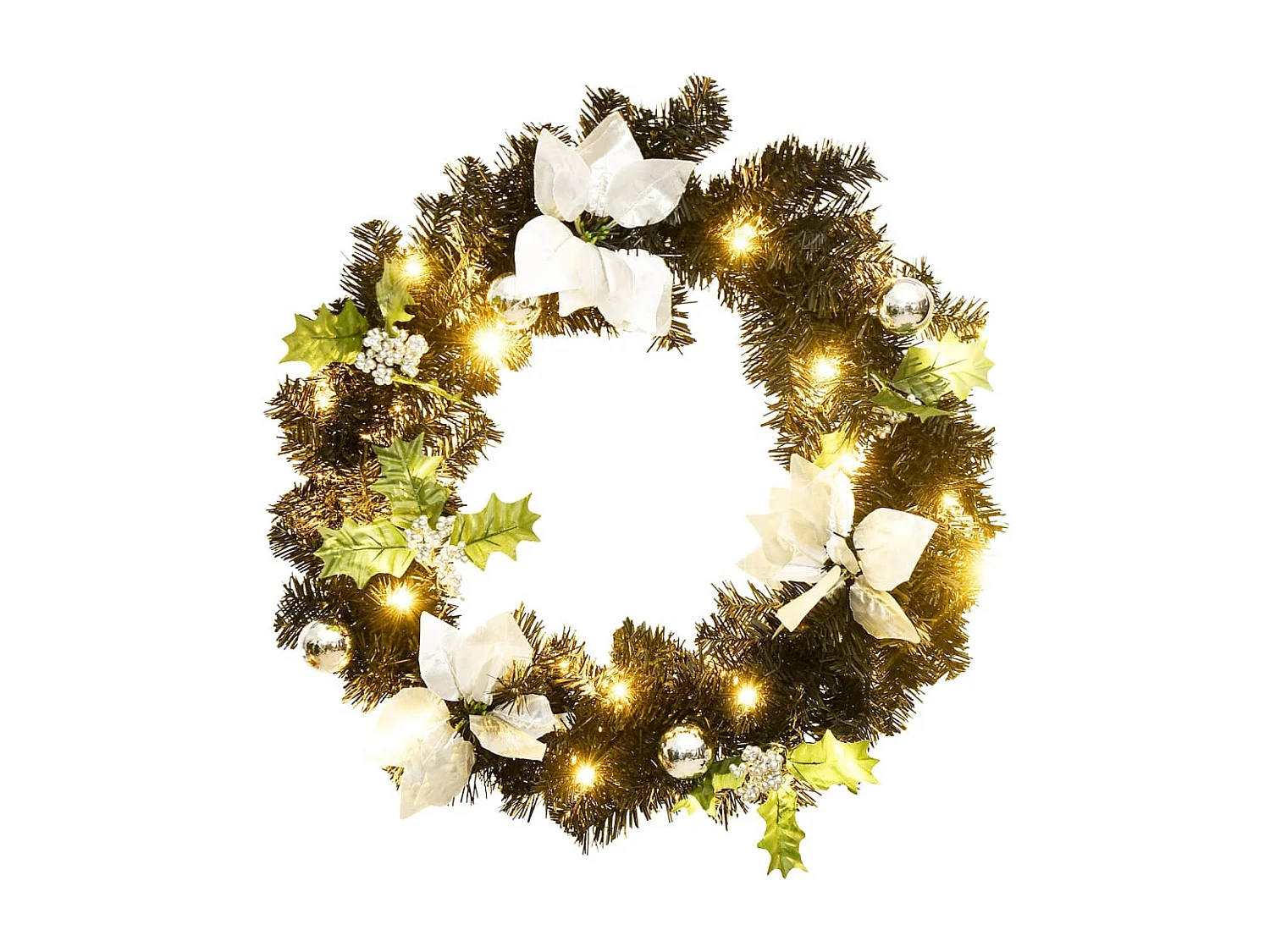 Couronne de Noël avec lumières LED Noir 60 cm PVC