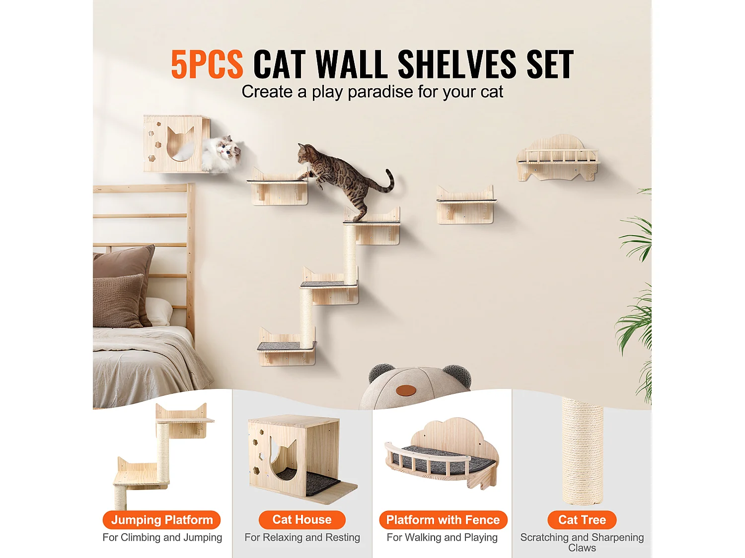 Katzen-Wandregale SucceBuy mit Plattformen, Nester, Katzenmöbel, 5er-Set