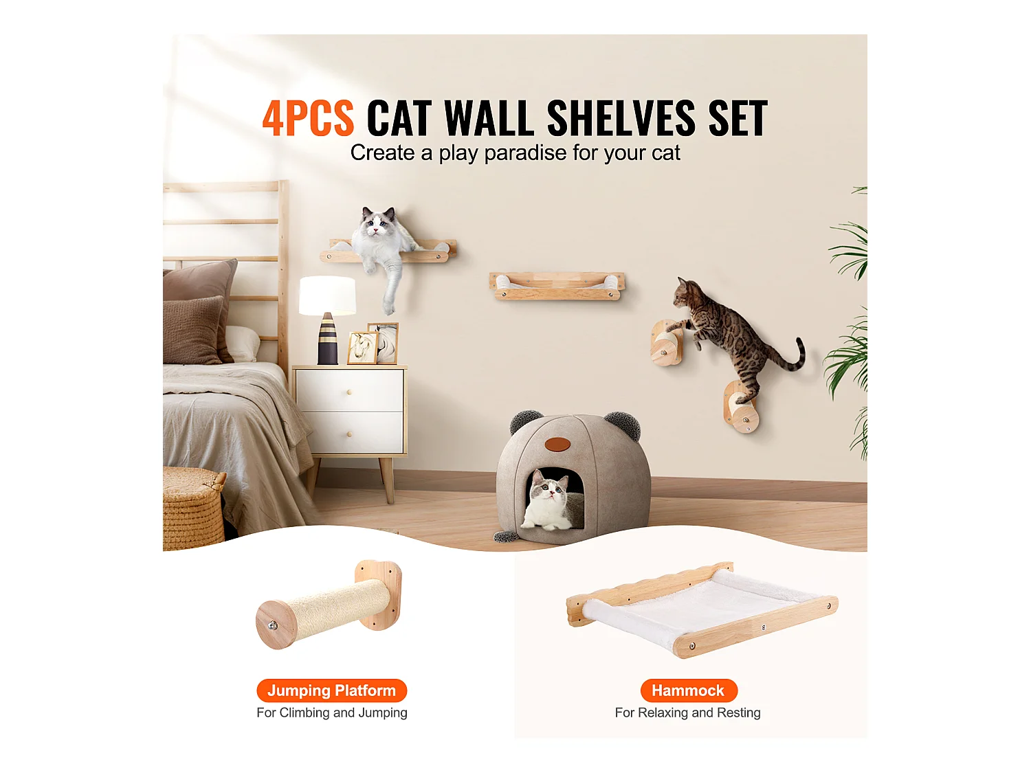 Arbre à chat SucceBuy Étagères Murales pour Chat avec 2 Poteaux de Saut et 2 Hamacs, Pouvant Supporter jusqu'à 40 lb