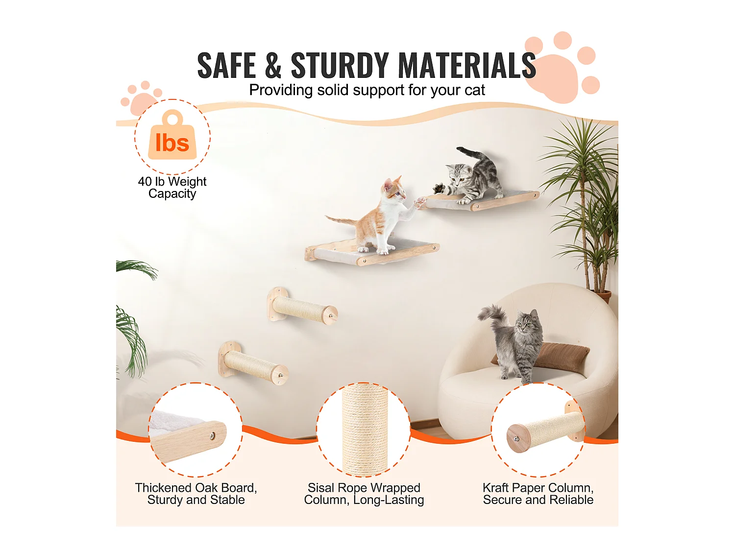 Arbre à chat SucceBuy Étagères Murales pour Chat avec 2 Poteaux de Saut et 2 Hamacs, Pouvant Supporter jusqu'à 40 lb