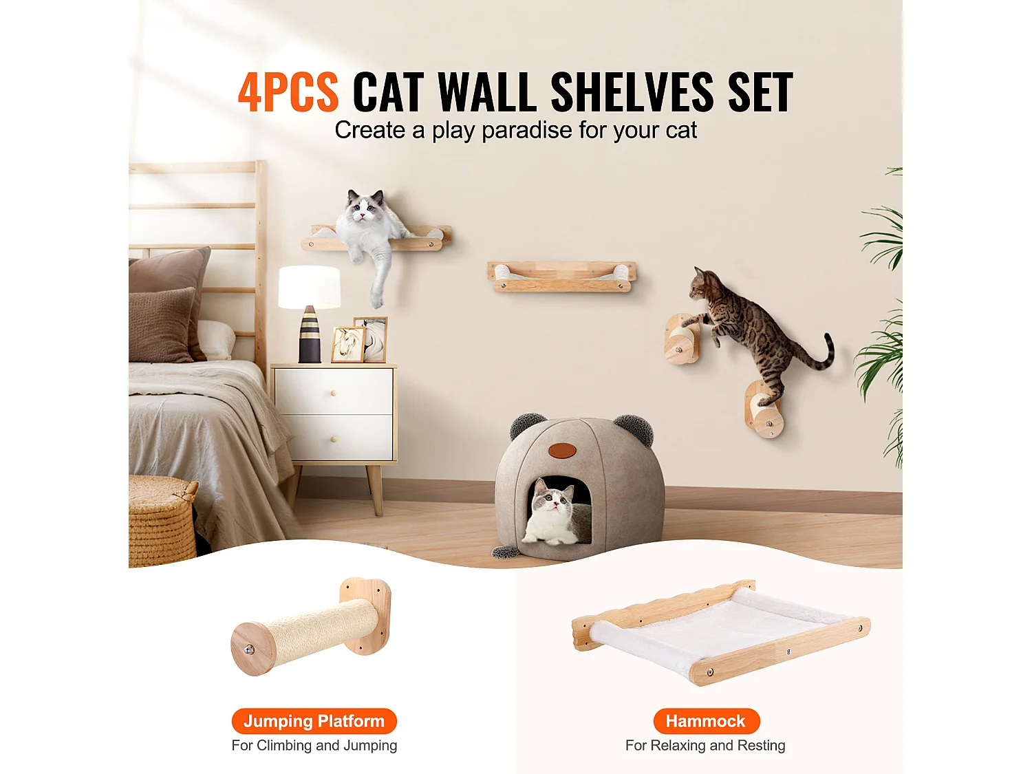 Arbre à chat SucceBuy Étagères Murales pour Chat avec 2 Poteaux de Saut et 2 Hamacs, Pouvant Supporter jusqu'à 40 lb