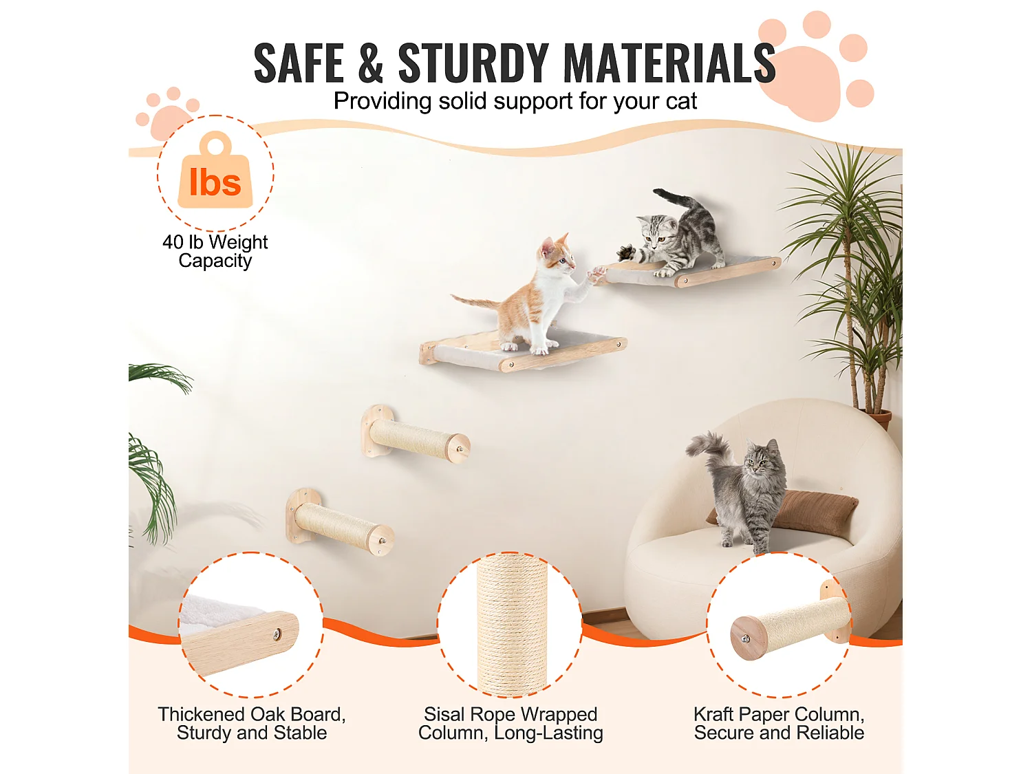 Arbre à chat SucceBuy Étagères Murales pour Chat avec 2 Poteaux de Saut et 2 Hamacs, Pouvant Supporter jusqu'à 40 lb