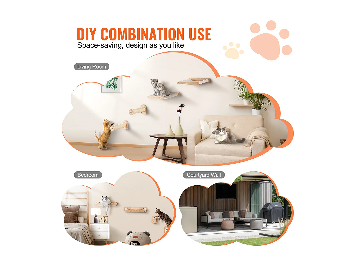 Arbre à chat SucceBuy Étagères Murales pour Chat avec 2 Poteaux de Saut et 2 Hamacs, Pouvant Supporter jusqu'à 40 lb