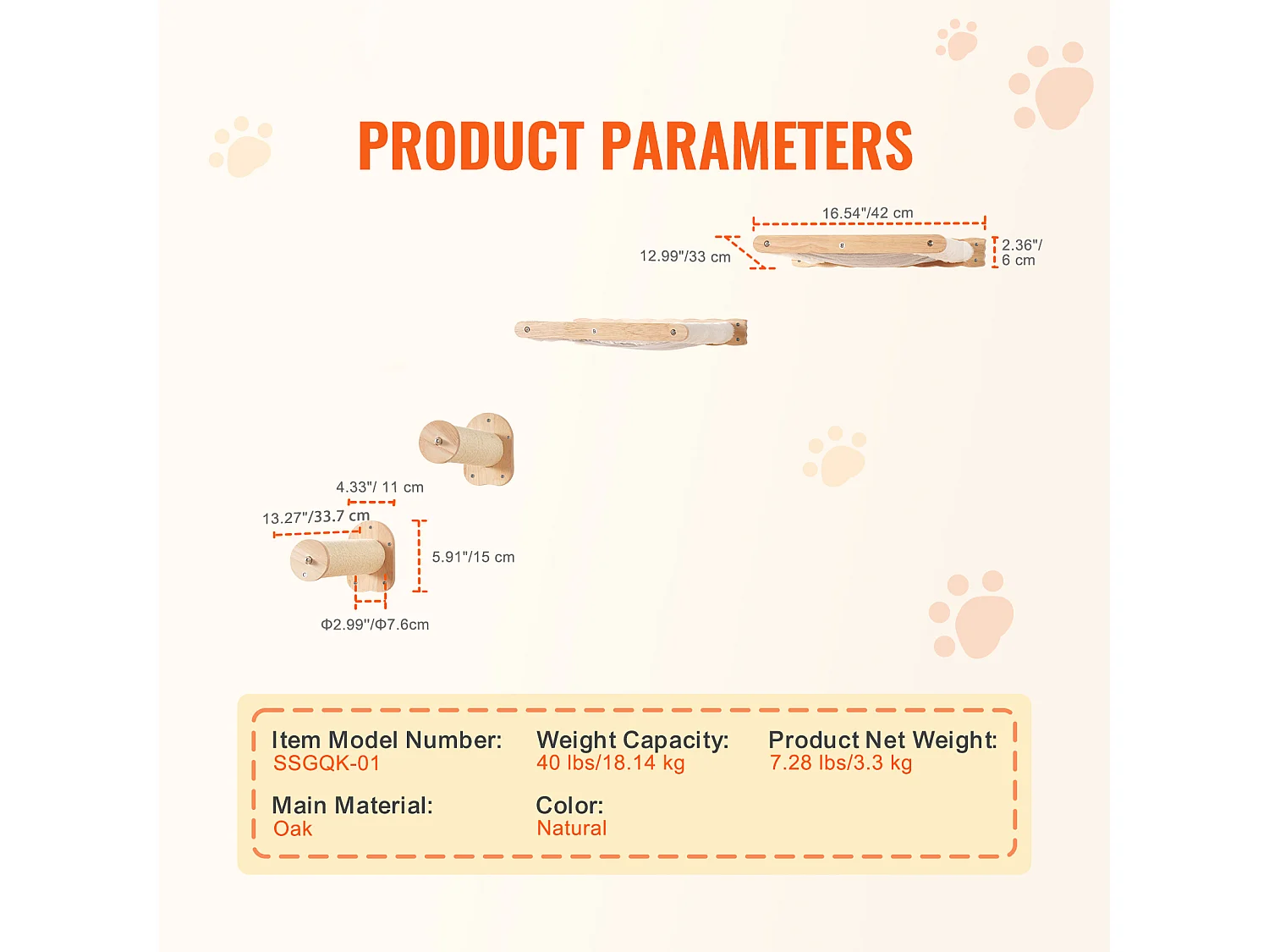 Arbre à chat SucceBuy Étagères Murales pour Chat avec 2 Poteaux de Saut et 2 Hamacs, Pouvant Supporter jusqu'à 40 lb