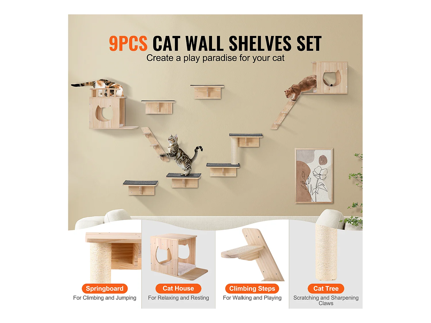 Estantes de Pared para Gatos SucceBuy con Plataformas, Nidos y Muebles para Gatos (Juego de 9)