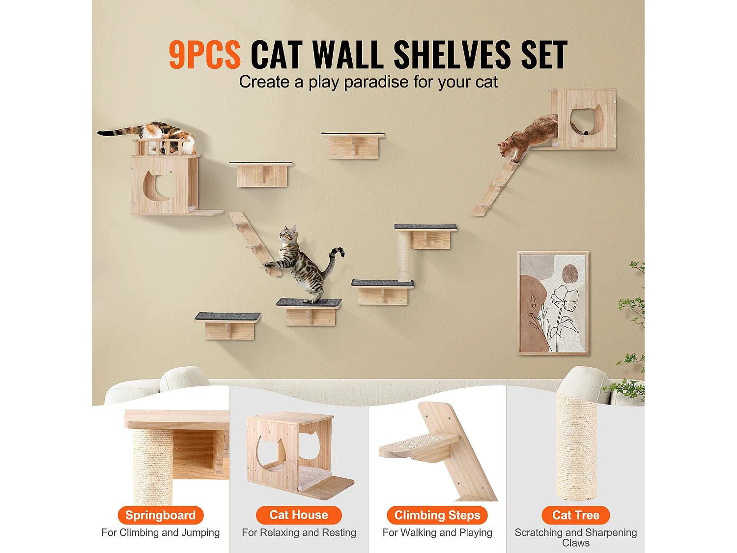 Étagères Murales SucceBuy pour Chat avec Plateformes Nids Meuble à Chats Lot de 9