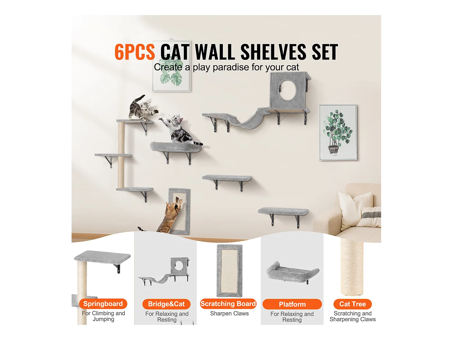 Arbre à chat SucceBuy Étagères Murales pour Arbre à Chat avec Planches de Saut, Hamac, Canapé et Poignée, lot de 6