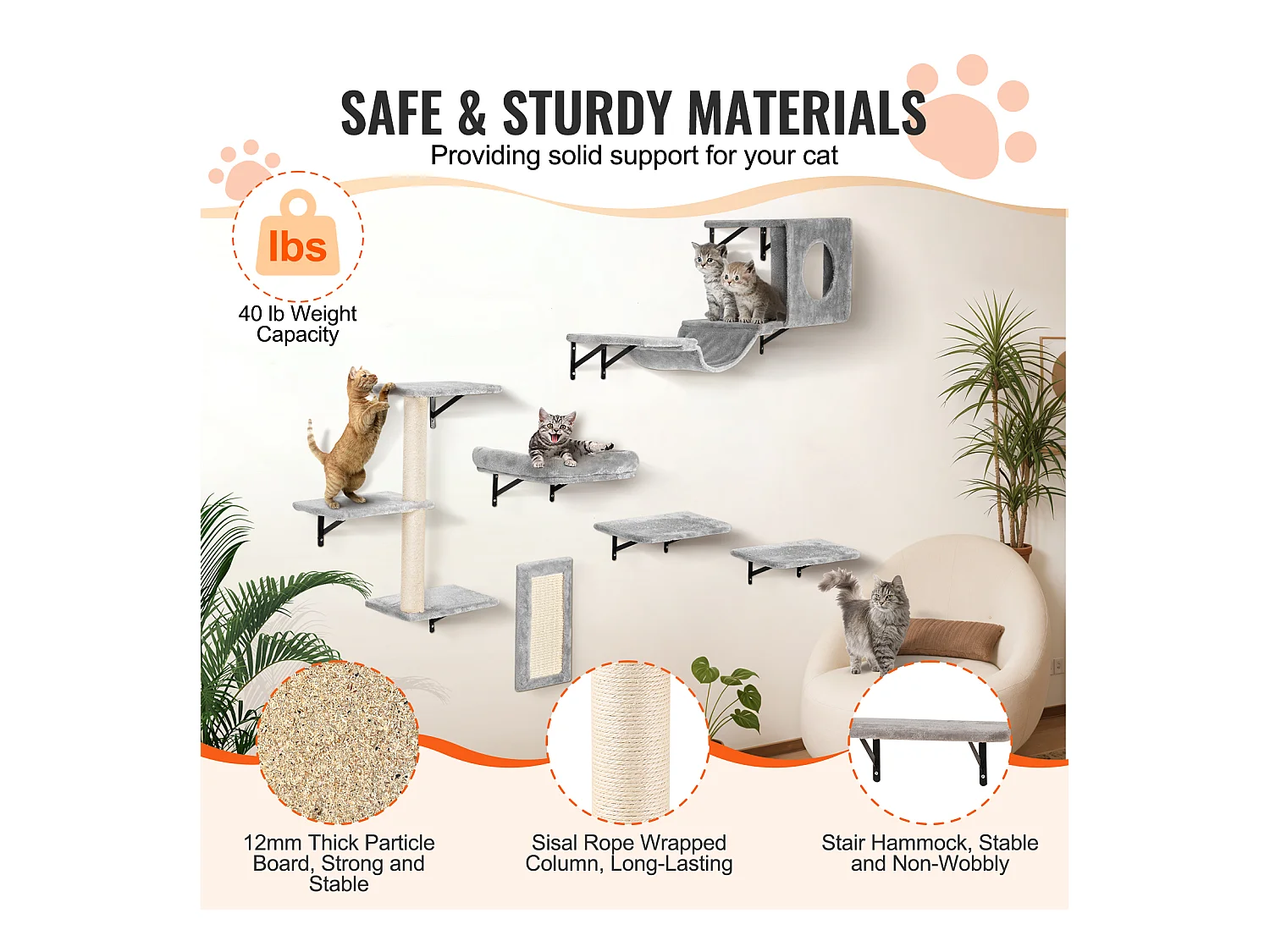 Arbre à chat SucceBuy Étagères Murales pour Arbre à Chat avec Planches de Saut, Hamac, Canapé et Poignée, lot de 6