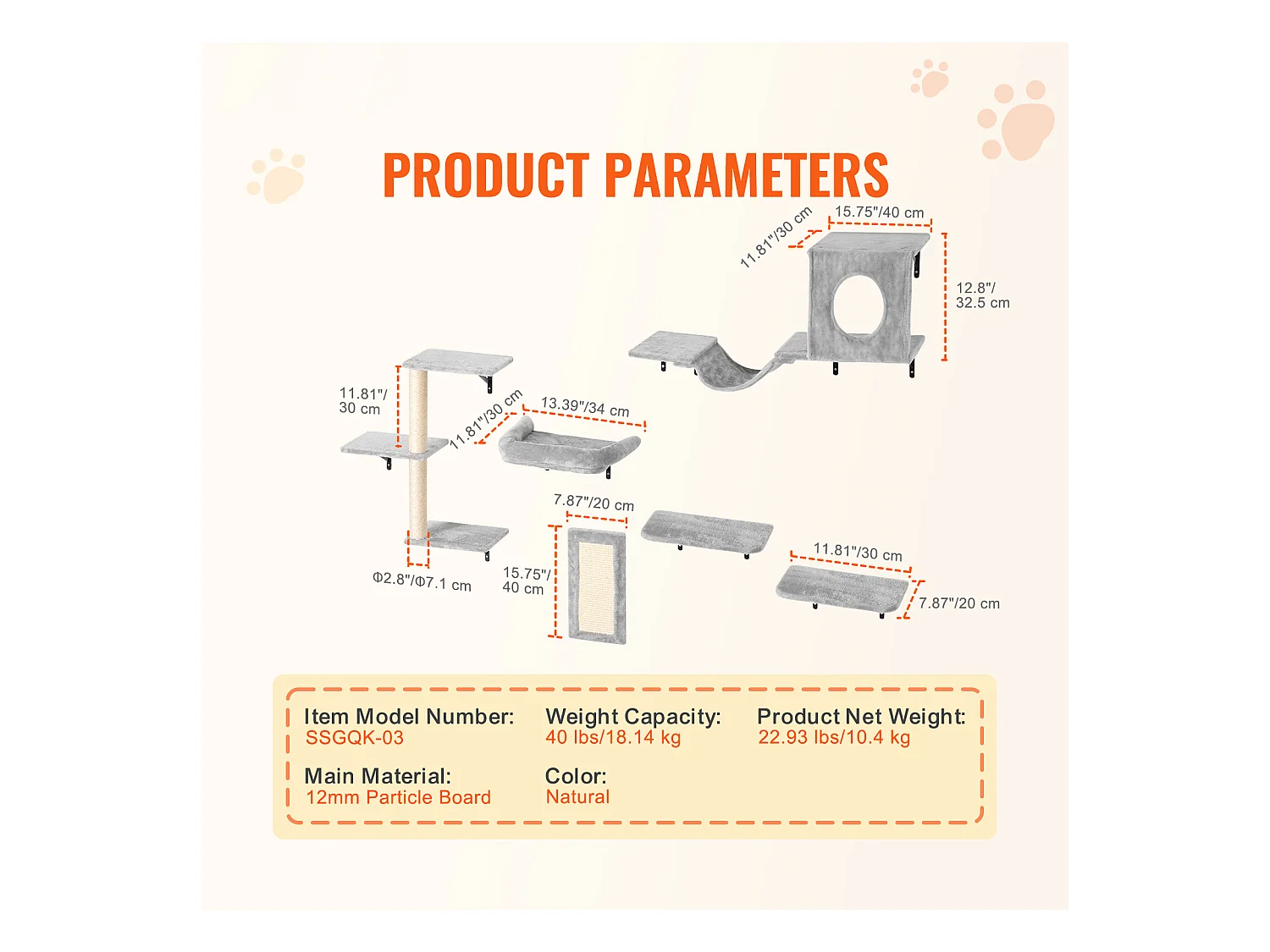 Arbre à chat SucceBuy Étagères Murales pour Arbre à Chat avec Planches de Saut, Hamac, Canapé et Poignée, lot de 6