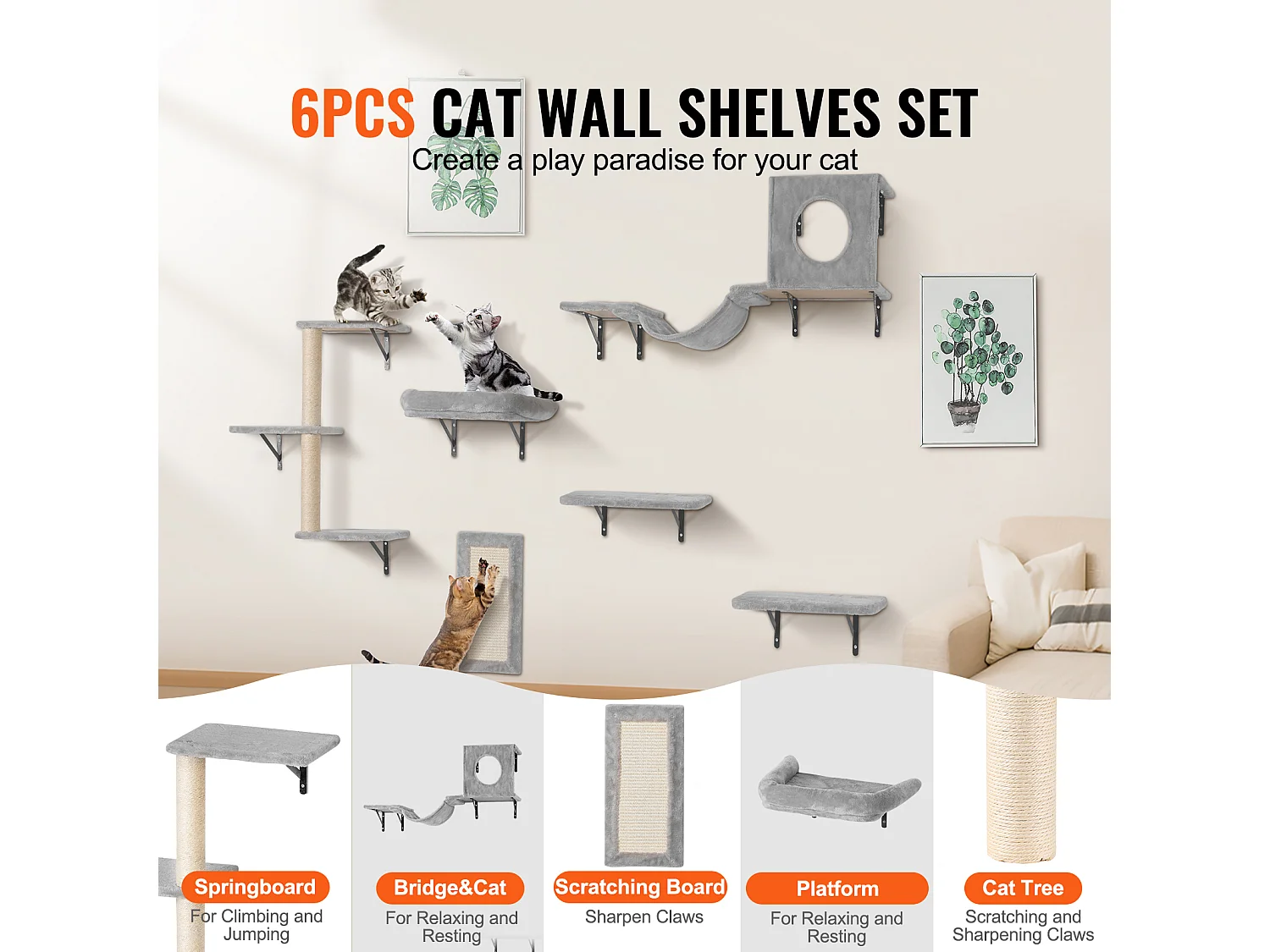 Mensole da parete per gatti SucceBuy con assi per saltare, amaca, divano e impugnatura, set da 6