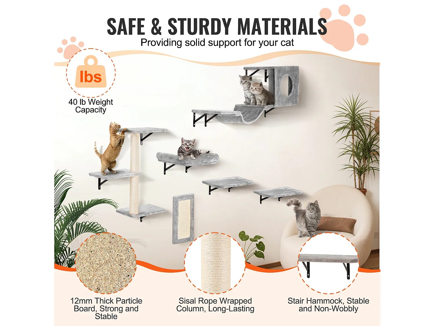 Mensole da parete per gatti SucceBuy con assi per saltare, amaca, divano e impugnatura, set da 6