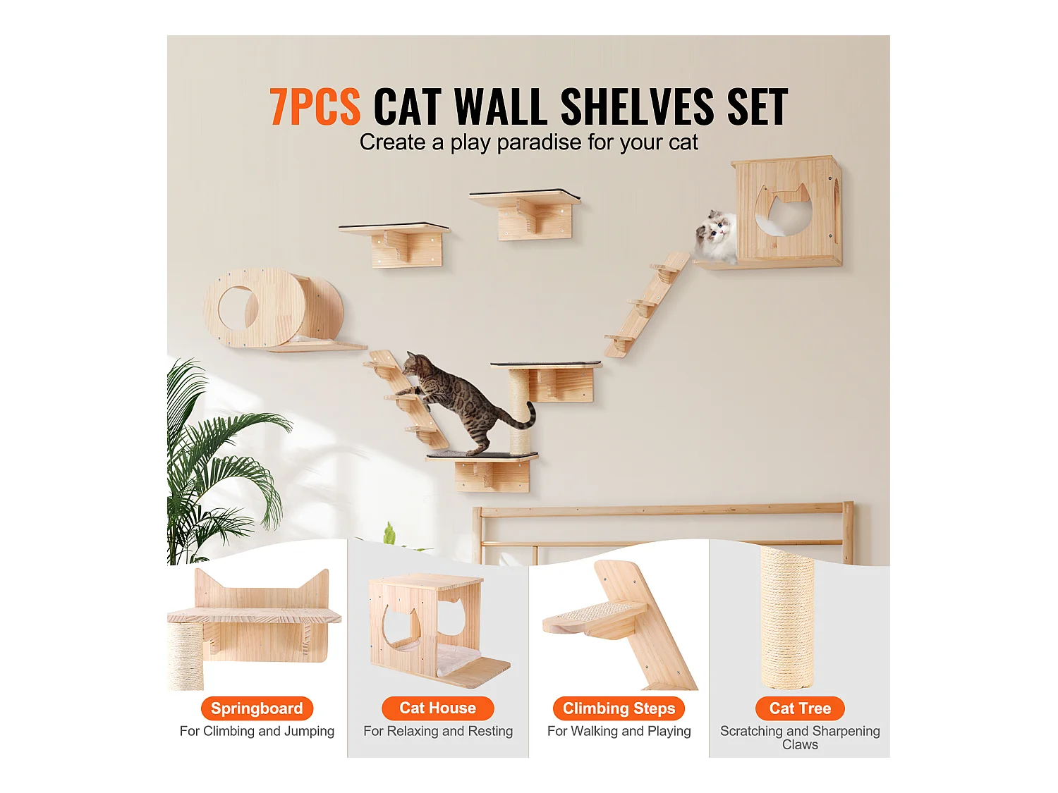 Estantes de pared para gatos de SucceBuy con trampolines, nidos y hamaca, juego de 7