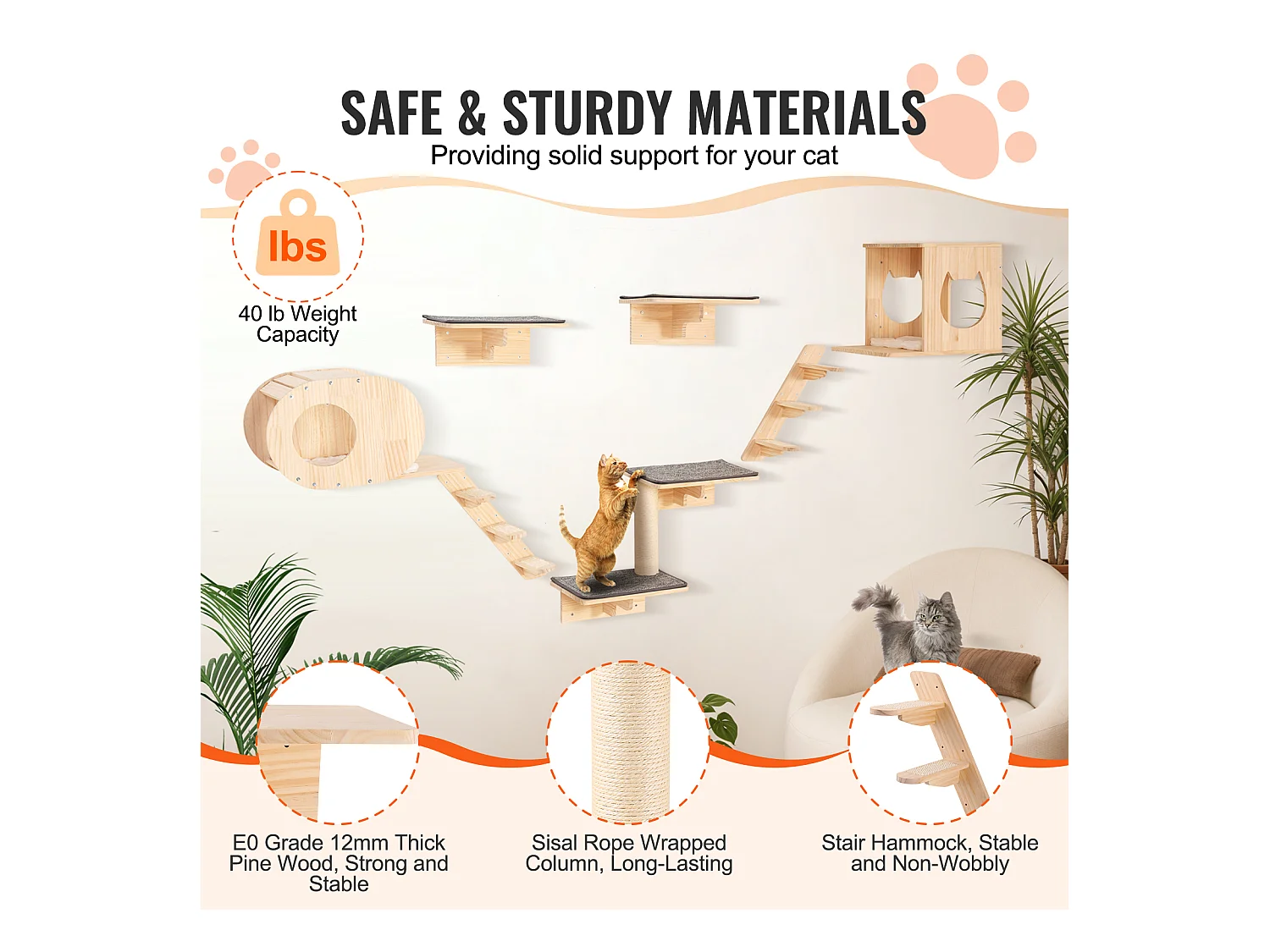 Estantes de pared para gatos de SucceBuy con trampolines, nidos y hamaca, juego de 7