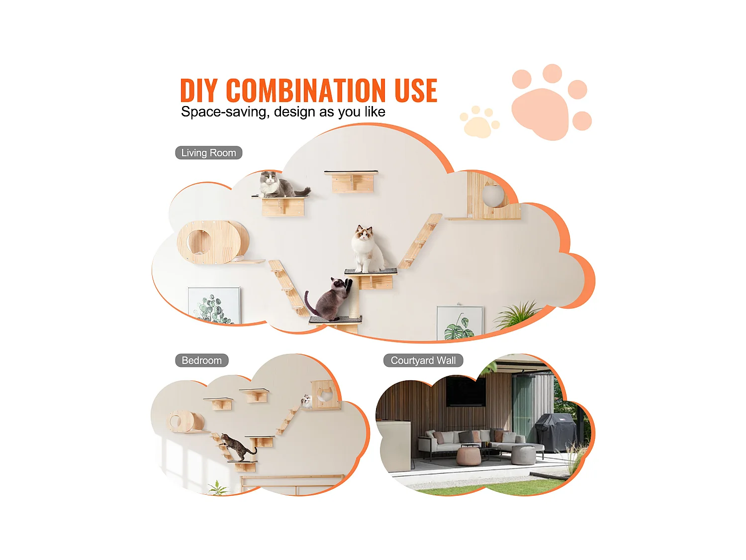 Estantes de pared para gatos de SucceBuy con trampolines, nidos y hamaca, juego de 7