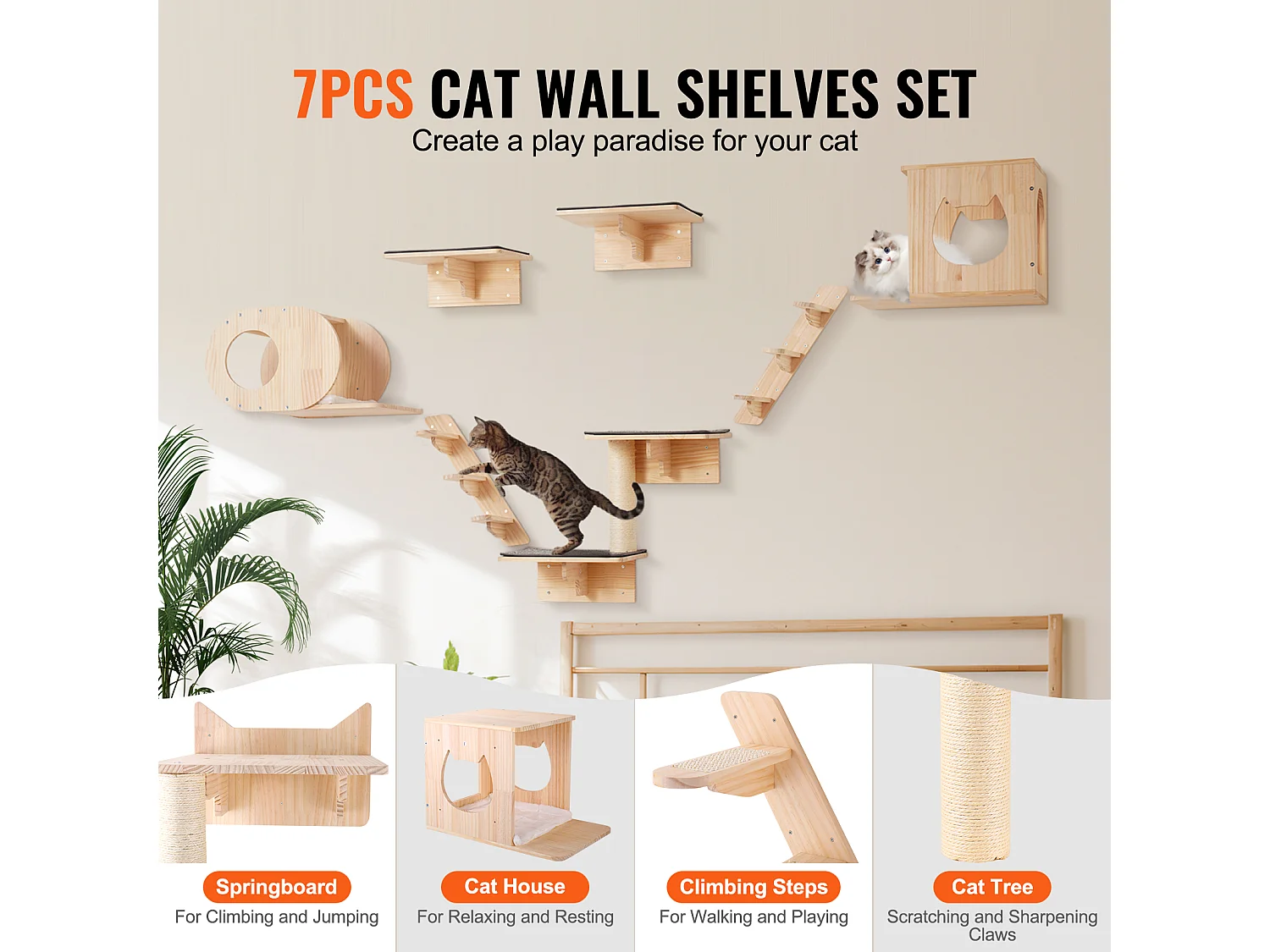 Arbre à Chat SucceBuy Étagères Murales pour Chat avec Planches de Saut, Nids et Hamac, lot de 7