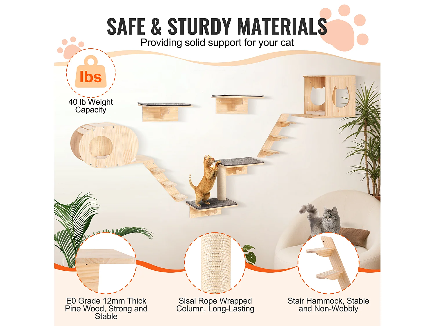 Arbre à Chat SucceBuy Étagères Murales pour Chat avec Planches de Saut, Nids et Hamac, lot de 7