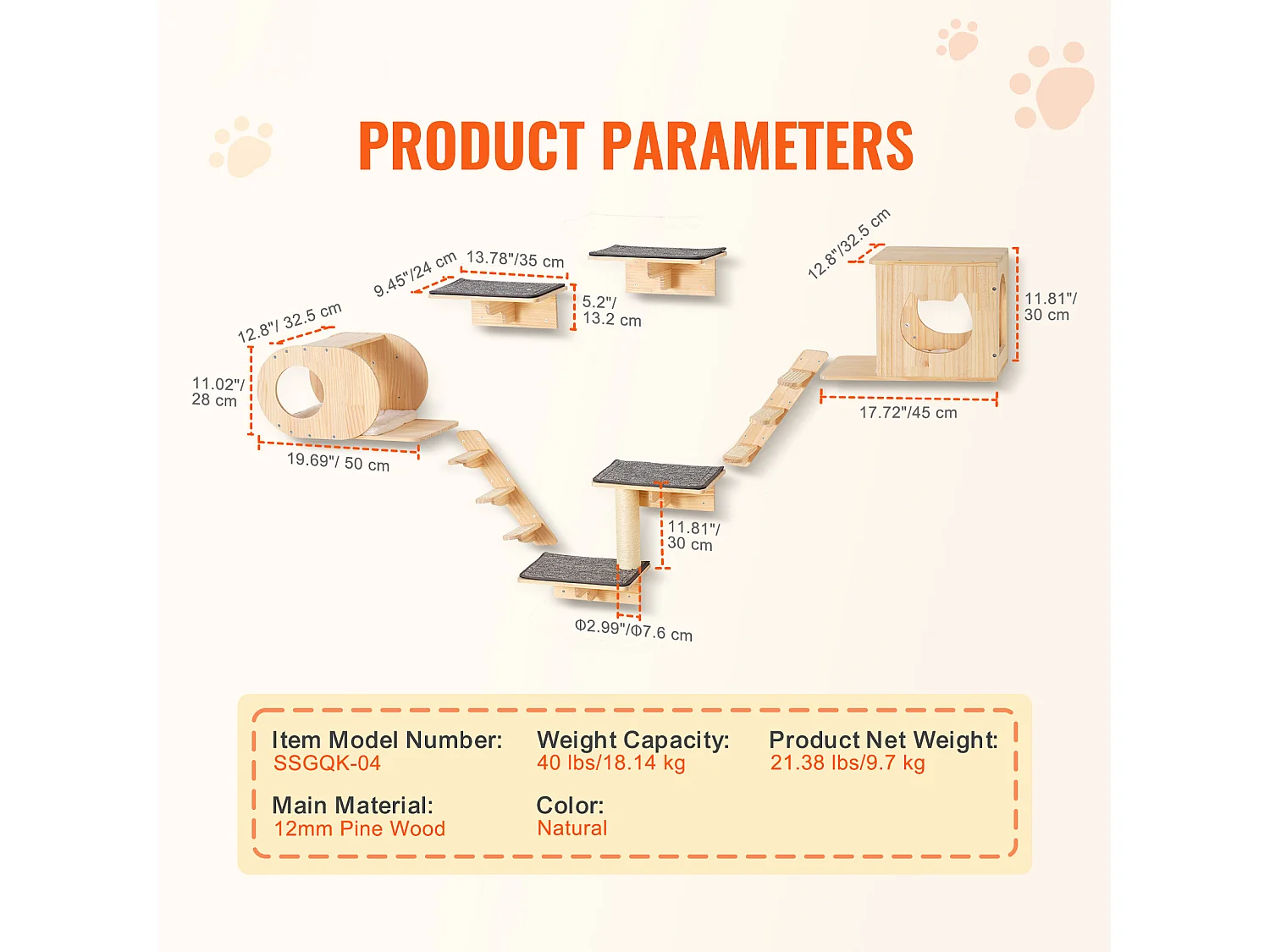 Arbre à Chat SucceBuy Étagères Murales pour Chat avec Planches de Saut, Nids et Hamac, lot de 7
