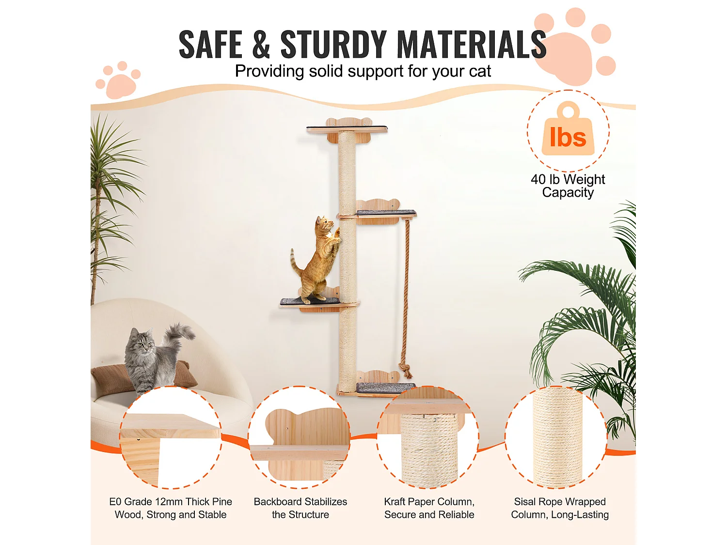 SucceBuy Mensole per alberi per gatti a parete con piattaforme, mobilio per gatti in stile albero