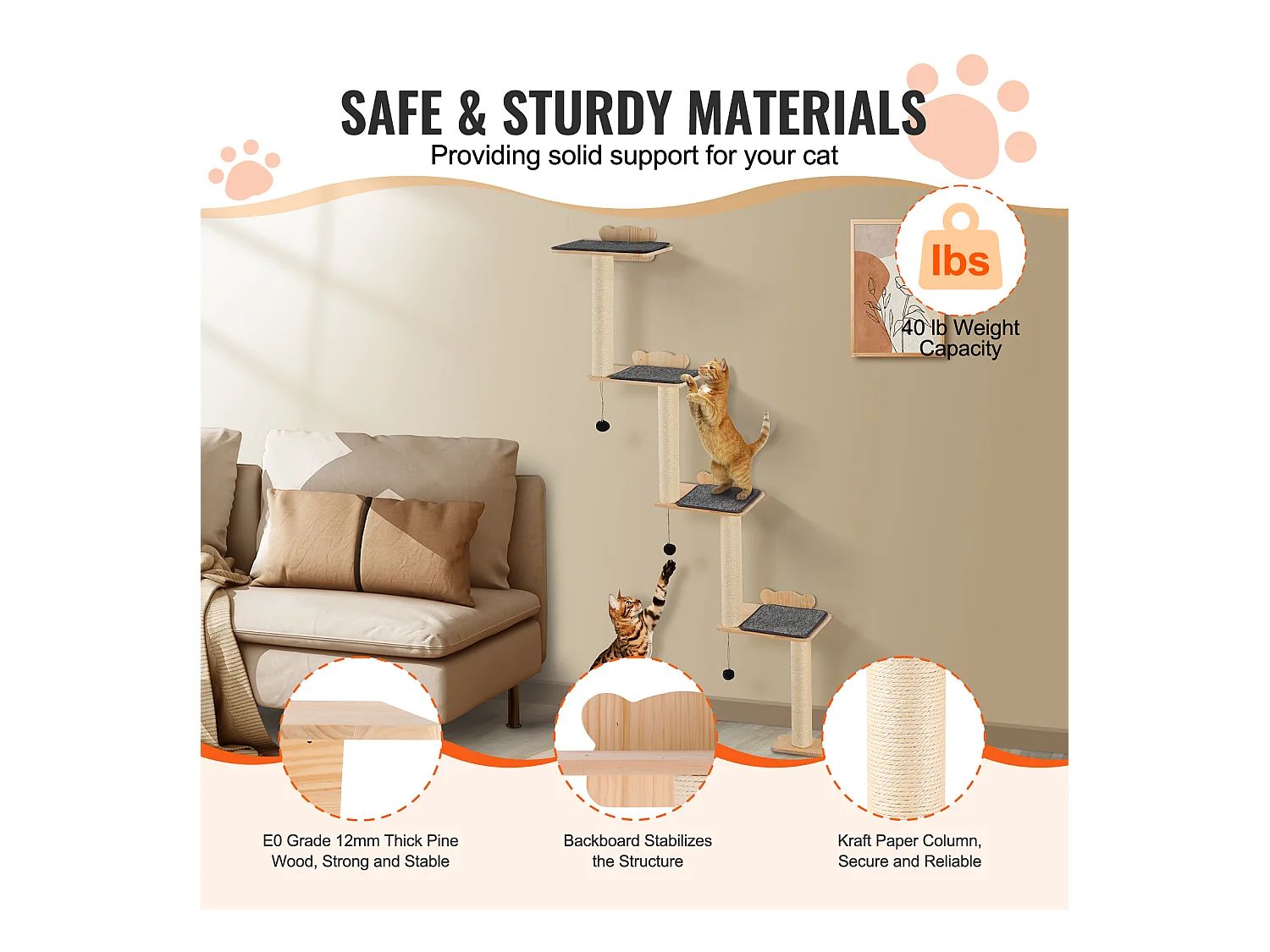 Arbre à chat SucceBuy Étagères Murales pour Arbre à Chat avec Plateformes, Ensemble de Meubles pour Chat en Forme D'arbre