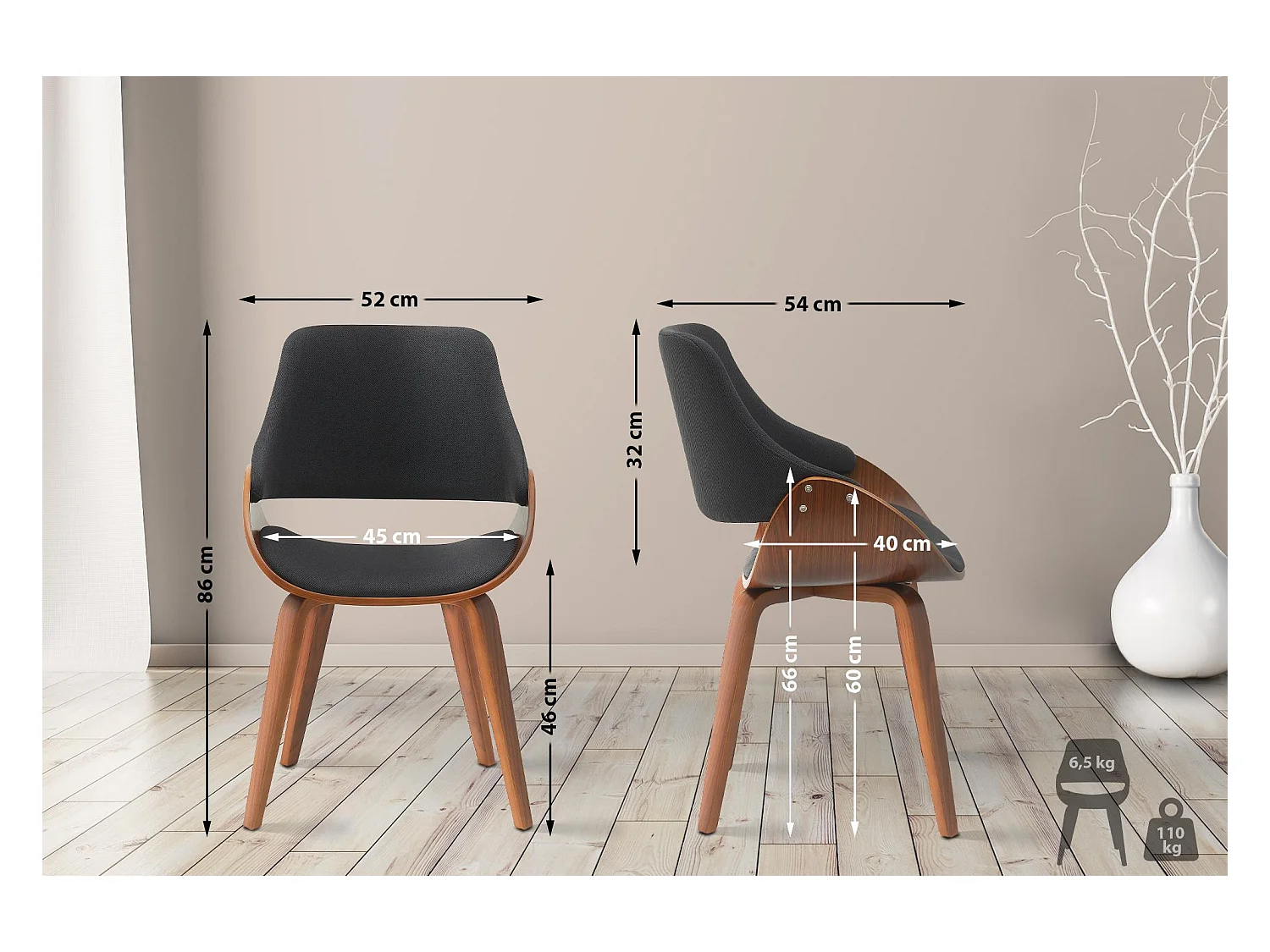 chaise salle à manger - Tissu - Noyer / Noir - Vangale