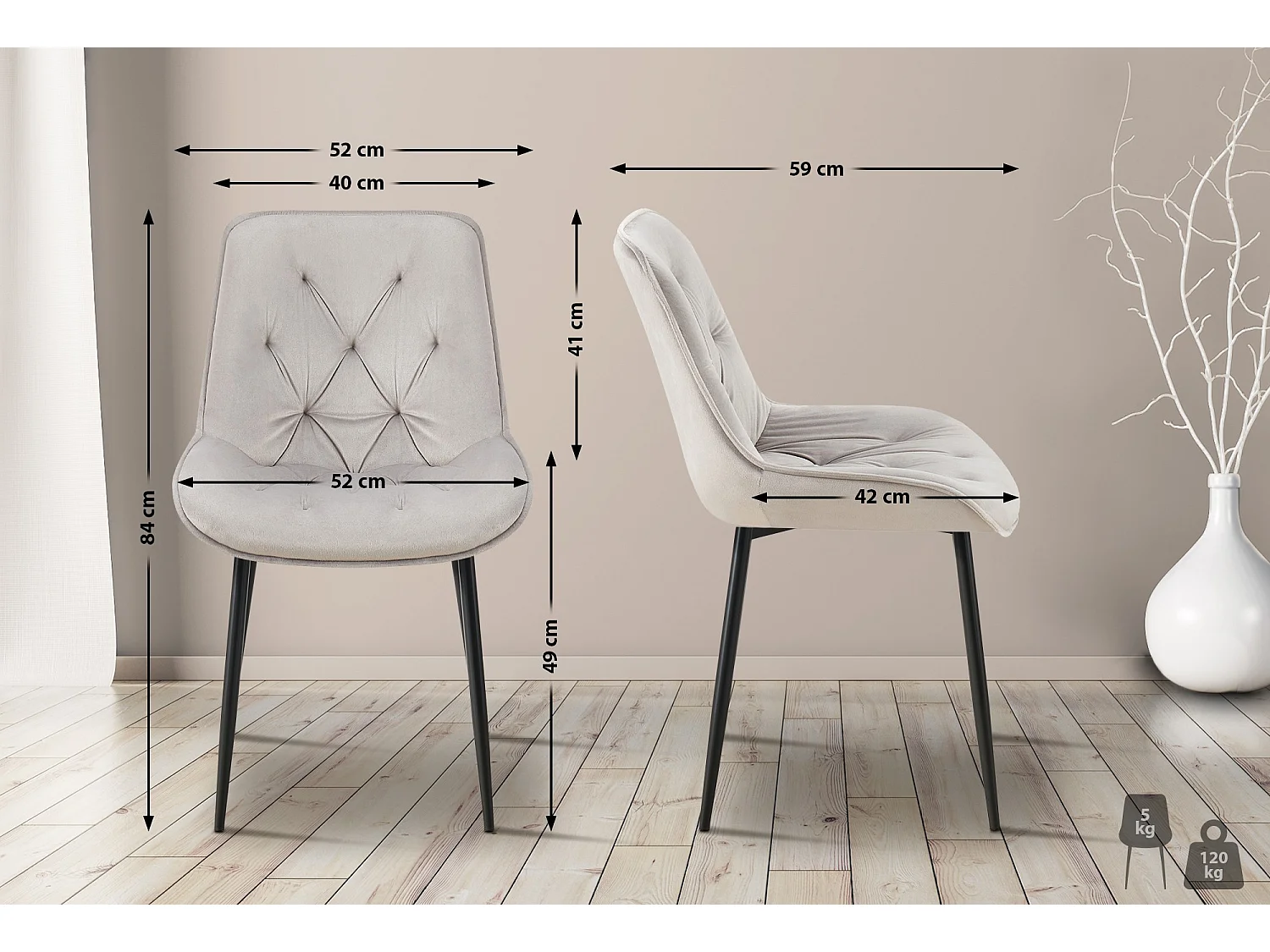 chaise salle à manger - Velours - Gris - Wallace