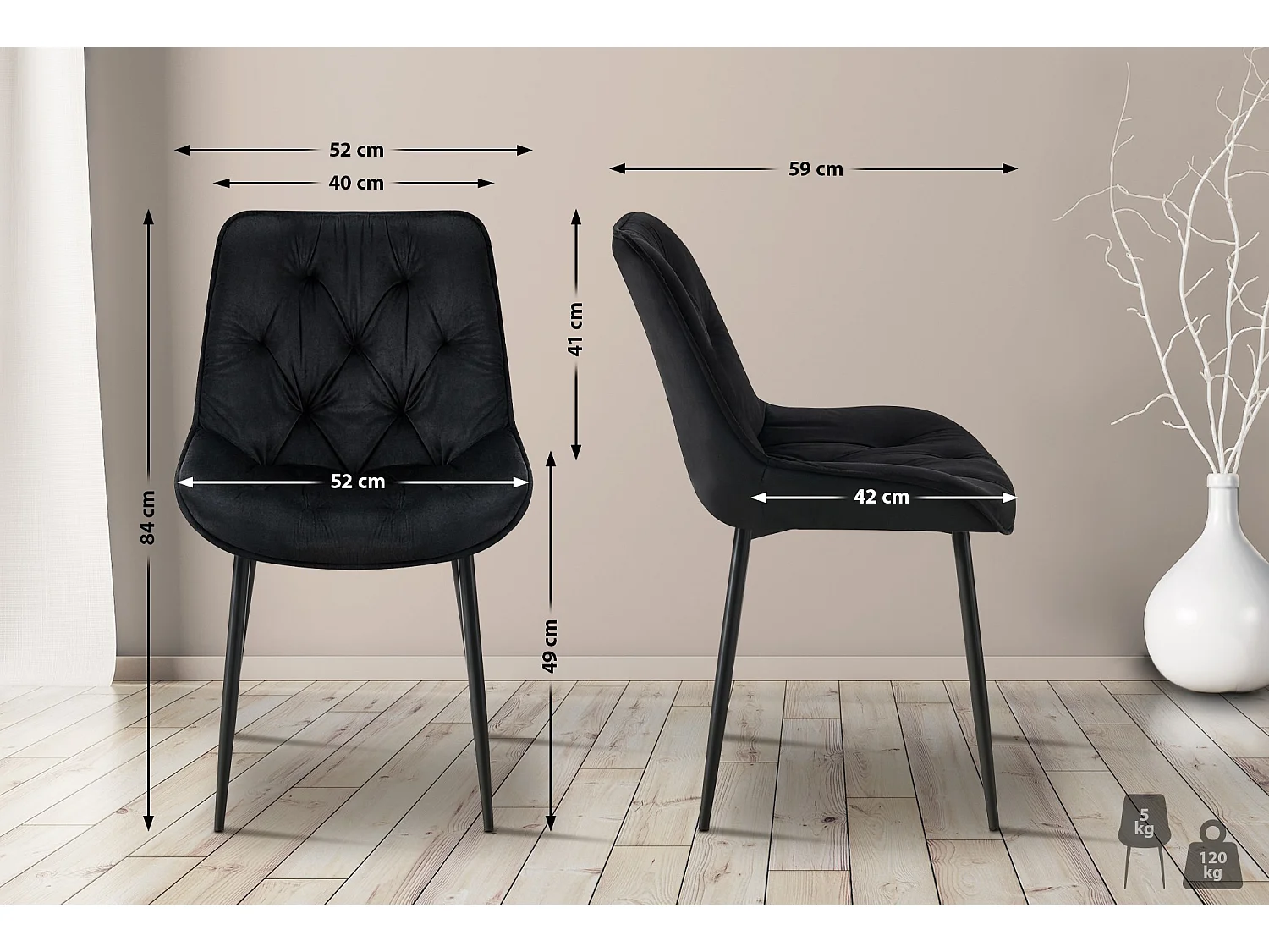 chaise salle à manger - Velours - Noir - Wallace