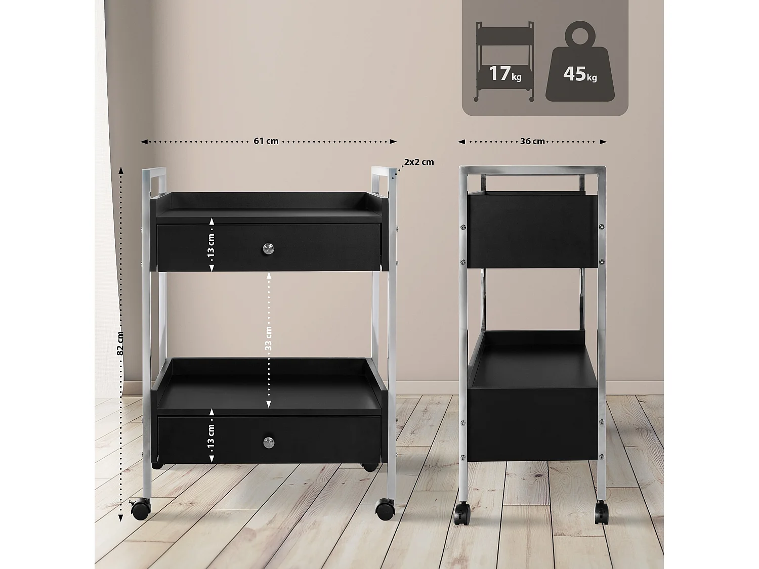 Chariot de service - Métal & Noir - Noir - Luxus