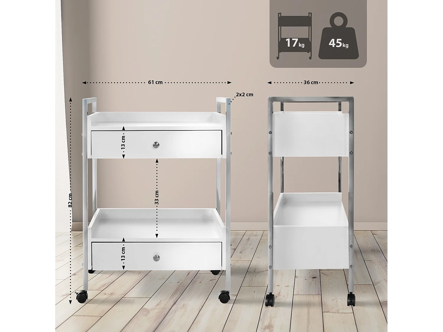 Chariot de service - Métal & Acier inoxydable - Blanc - Luxus