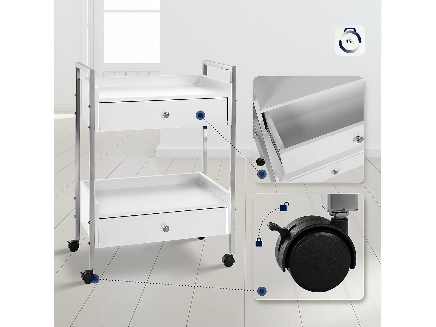 Chariot de service - Métal & Acier inoxydable - Blanc - Luxus