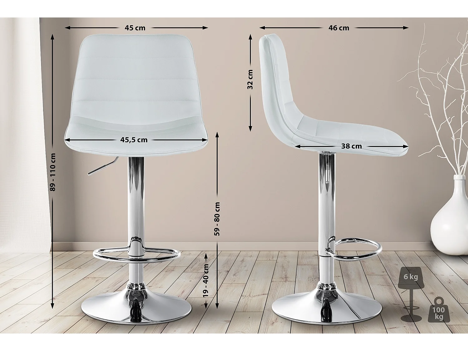 Lot de 2  Tabouret de bar - Similicuir - Blanc - Lex