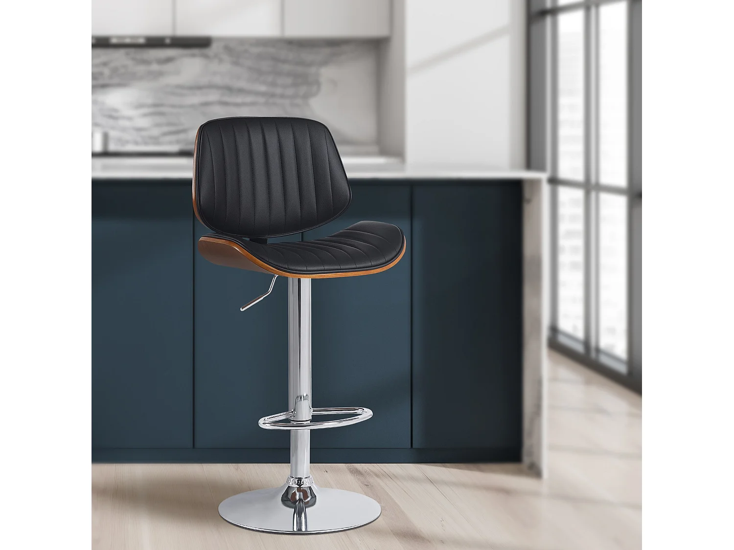 Tabouret de bar - Similicuir & Chrome - Noyer / Noir - Clawson