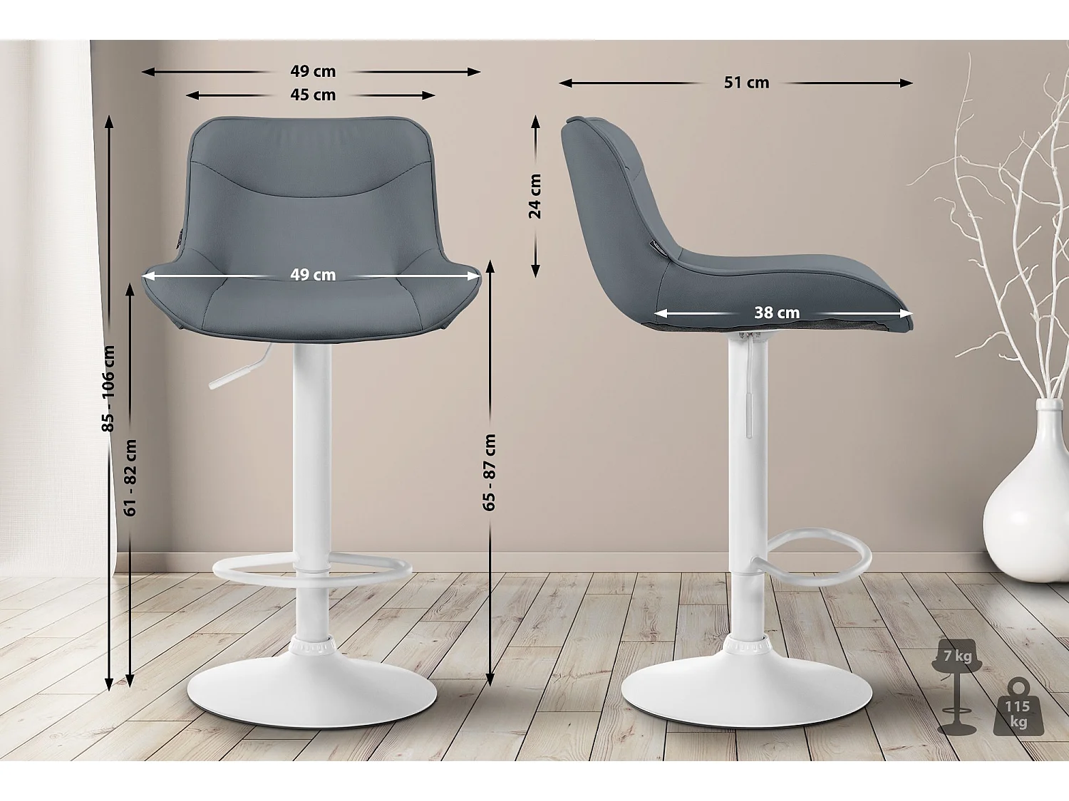 Tabouret de bar - Similicuir (PVC) & Blanc - Gris - Vonore