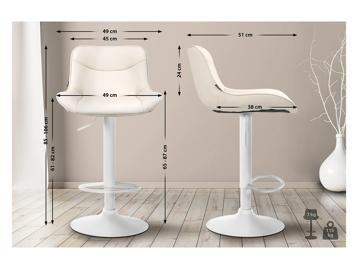 Tabouret de bar - Similicuir (PVC) & Blanc - Crème - Vonore