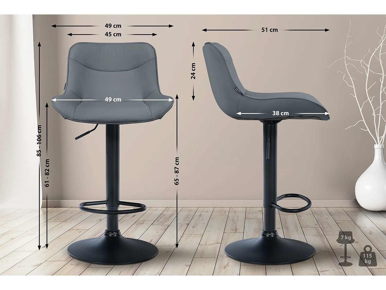 Tabouret de bar - Similicuir (PVC) & Noir - Gris - Vonore