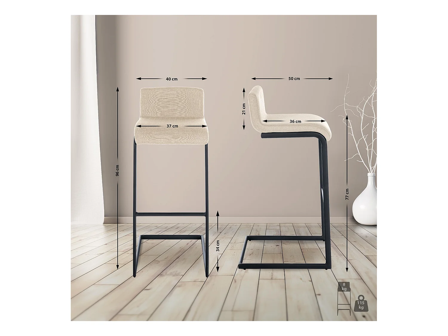 Tabouret de bar - Tissu - Crème - Newport